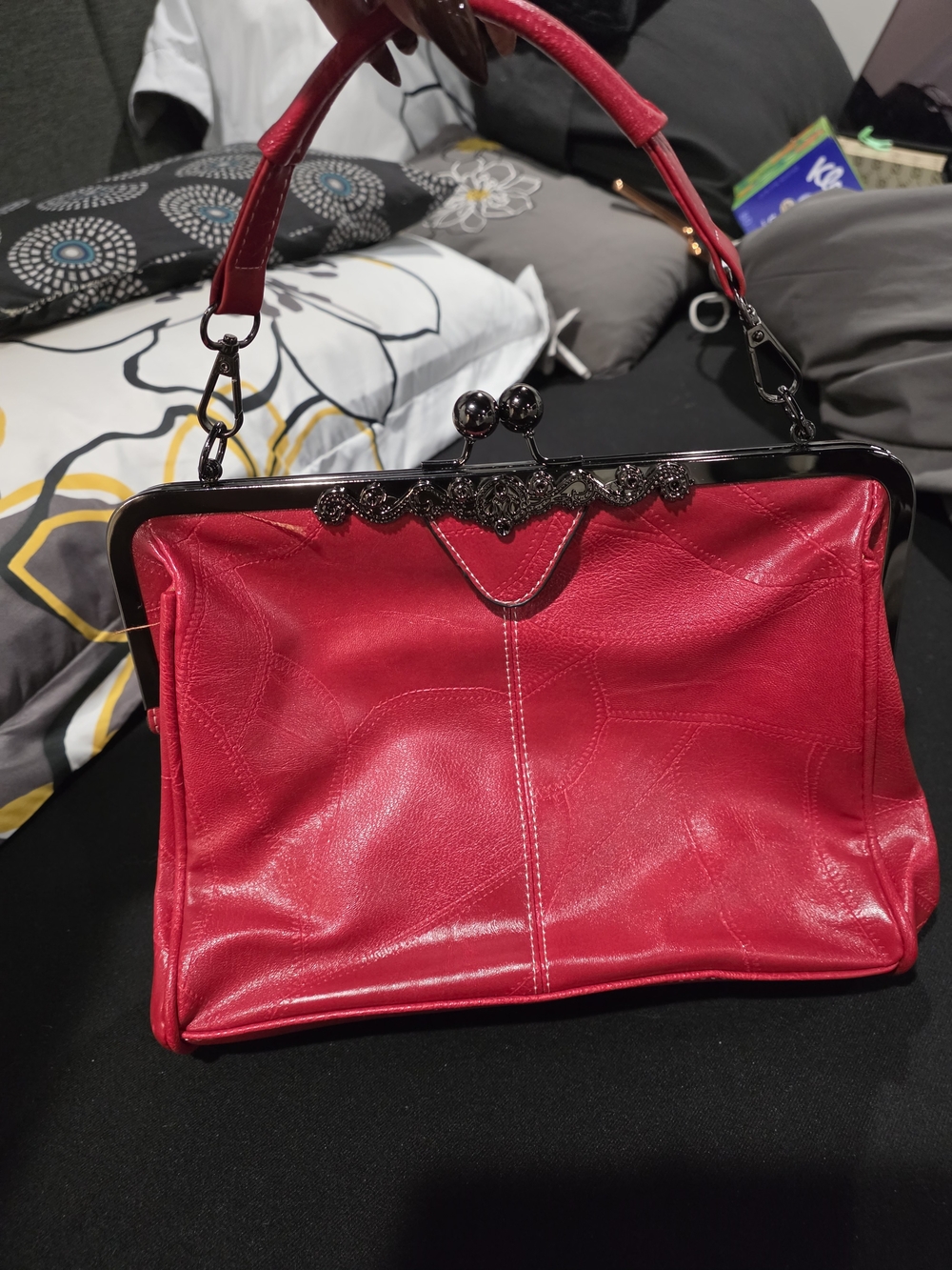 Red Frame-Top Satchel Handbag - Picture 3 of 9